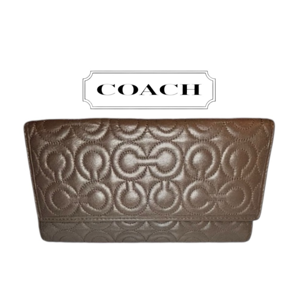 Coach Monogram Embossed ‘C’ Wallet Brown Leather/Pink Interior Trifold Snap/Zip
